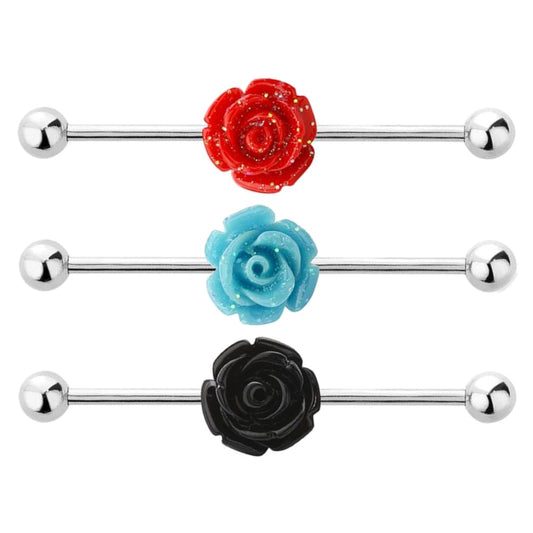 14 Gauge 316L Surgical Steel Rose Flower Industrial Bar - Red, Blue, & Black