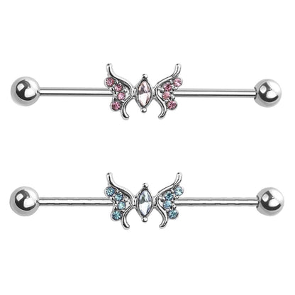 Detailed Cubic Zirconia Butterfly Industrial Barbell 14G 316L Surgical Steel