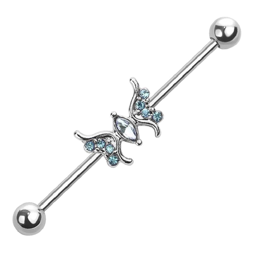 Detailed Cubic Zirconia Butterfly Industrial Barbell 14G 316L Surgical Steel