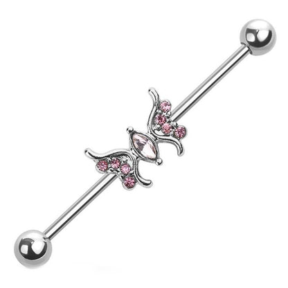 Detailed Cubic Zirconia Butterfly Industrial Barbell 14G 316L Surgical Steel