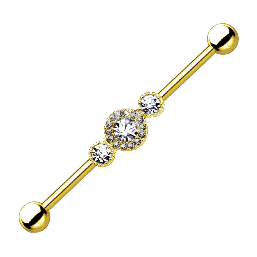 Gold Plated CZ Trio Industrial Barbell 14G 316L Surgical Steel