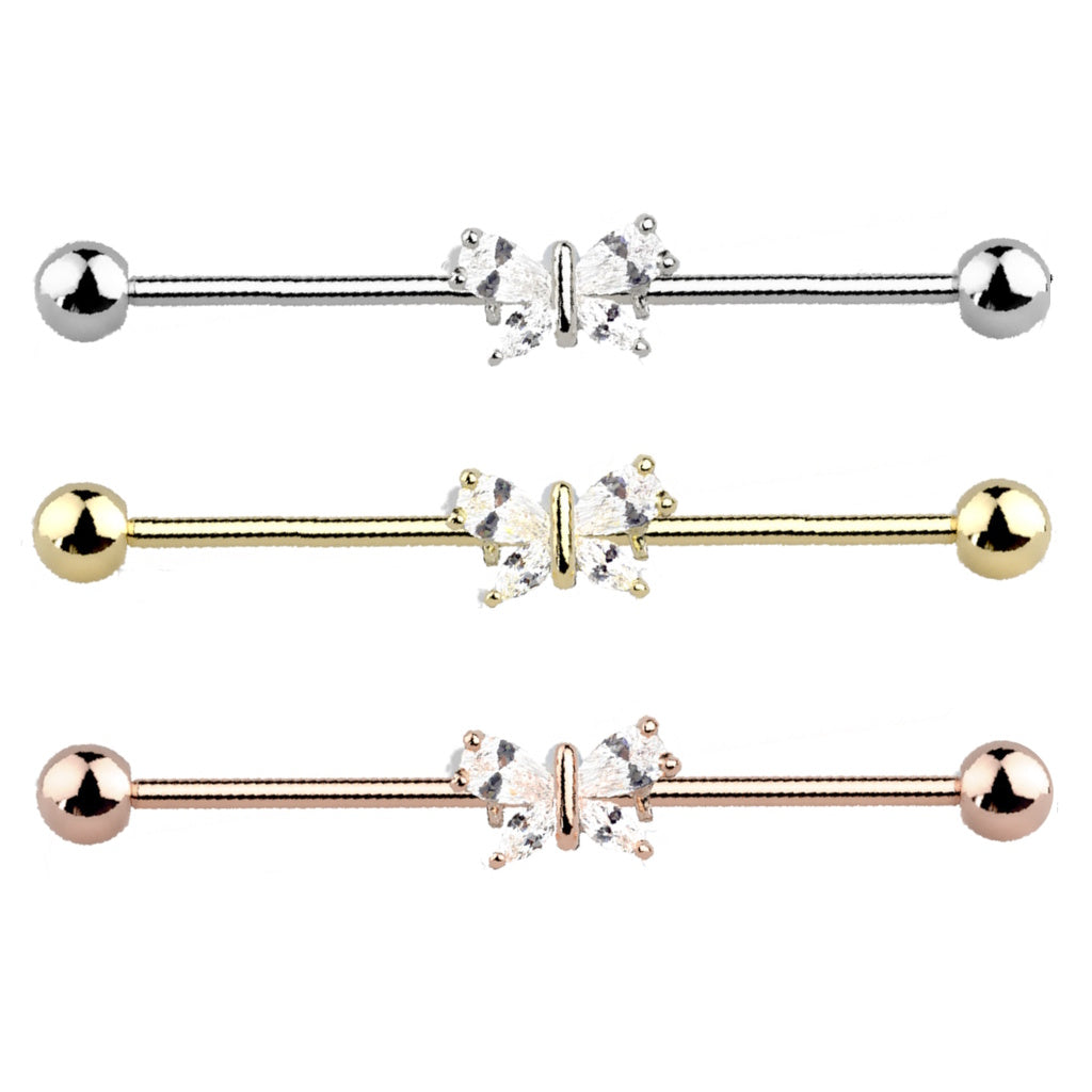 Cubic Zirconia Butterfly Industrial Barbell 14G 316L Surgical Steel