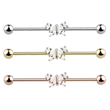 Cubic Zirconia Butterfly Industrial Barbell 14G 316L Surgical Steel