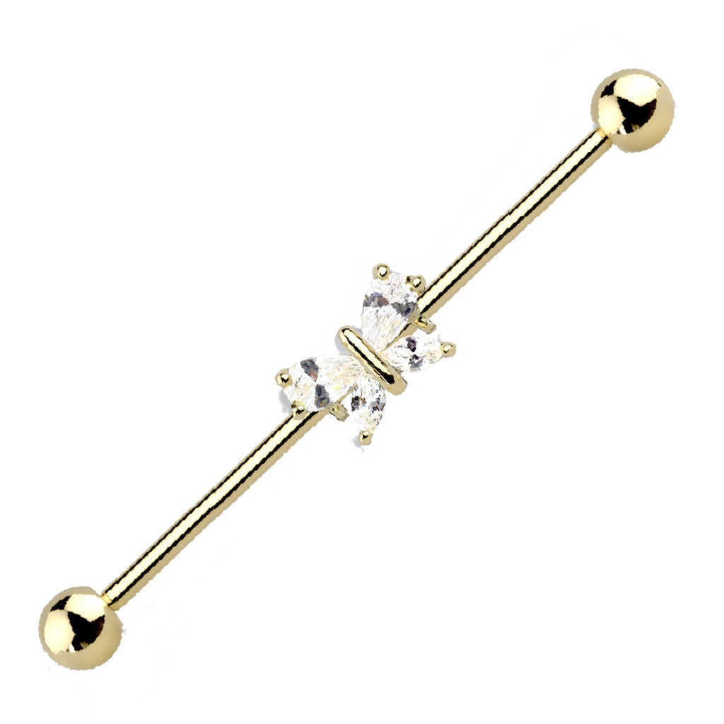 Cubic Zirconia Butterfly Industrial Barbell 14G 316L Surgical Steel