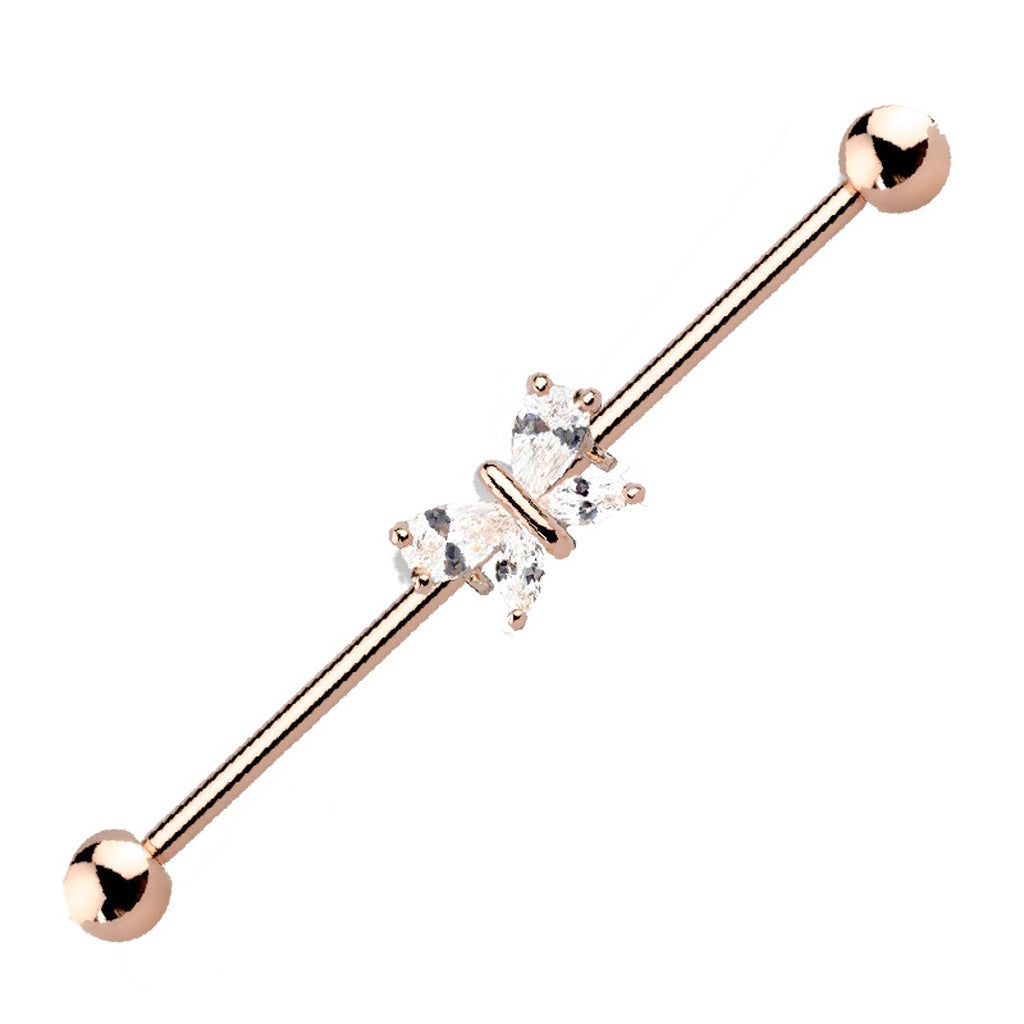 Cubic Zirconia Butterfly Industrial Barbell 14G 316L Surgical Steel