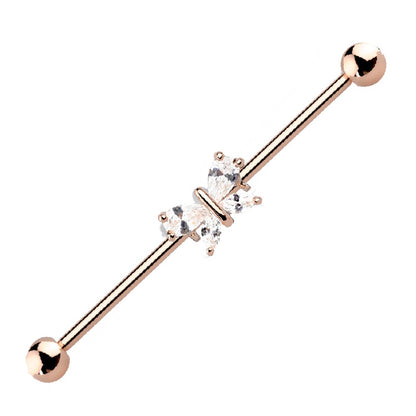 Cubic Zirconia Butterfly Industrial Barbell 14G 316L Surgical Steel