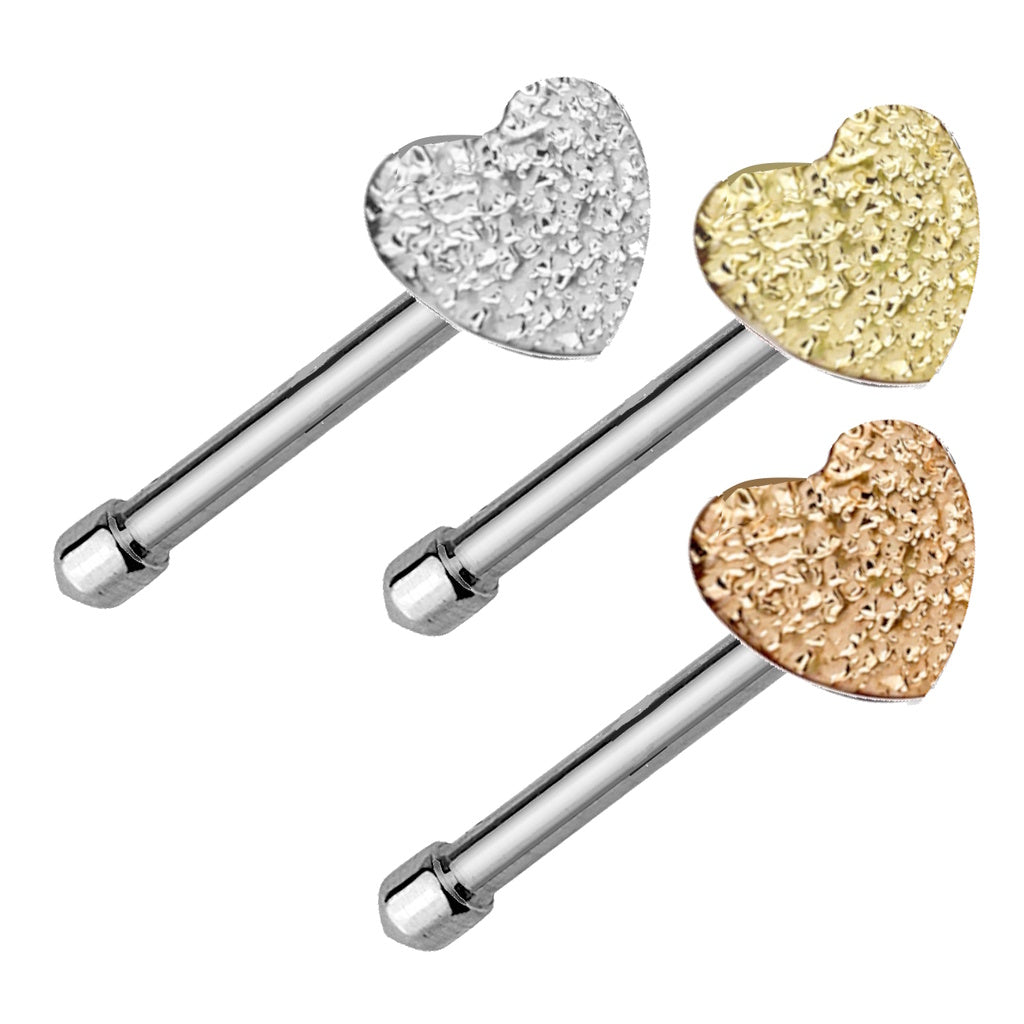 Hammered Textured Heart Nose Bone Stud 20G 1/4" Surgical Steel