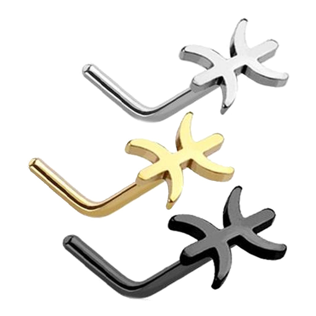 Pisces Zodiac L Bend Nose Stud 20G 1/4" 316L Surgical Steel Nose Ring