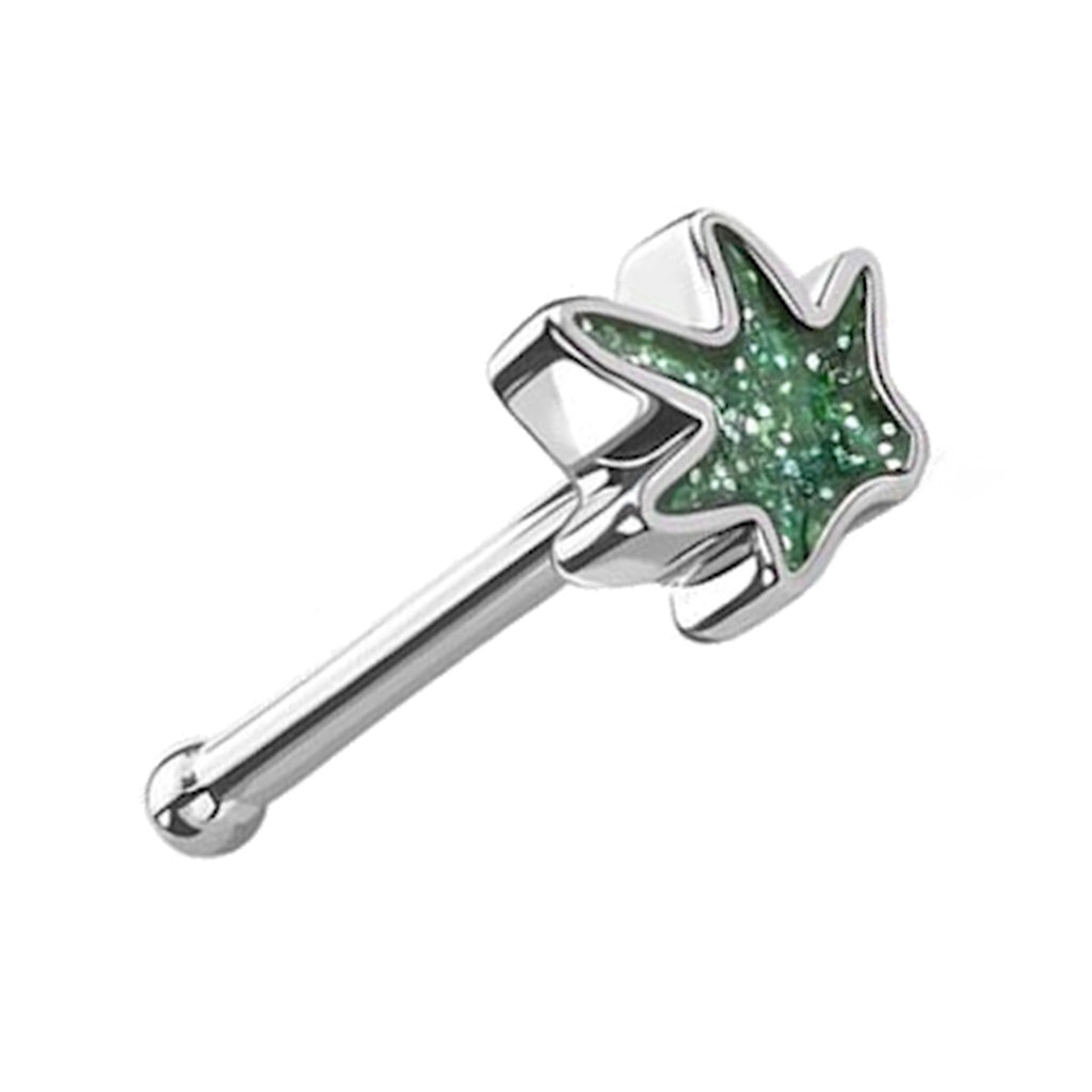 Green Glitter Marijuana Leaf Nose Stud 20G 5/16" 316L Surgical Steel