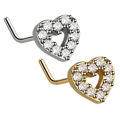 Open Heart CZ L Bend Nose Ring 20G 1/4" 316L Surgical Steel