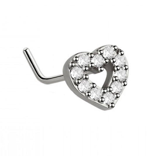 Open Heart CZ L Bend Nose Ring 20G 1/4" 316L Surgical Steel