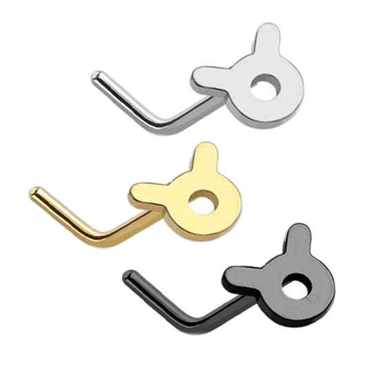 20 Gauge Taurus Zodiac Symbol L-Bend Nose Stud In Silver, Gold & Black 1/4 Inch
