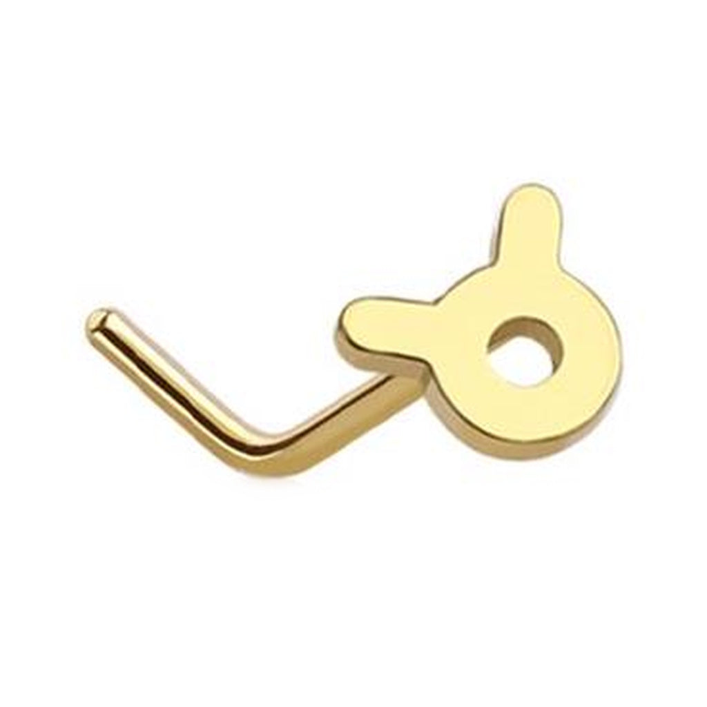 20 Gauge Taurus Zodiac Symbol L-Bend Nose Stud In Silver, Gold & Black 1/4 Inch