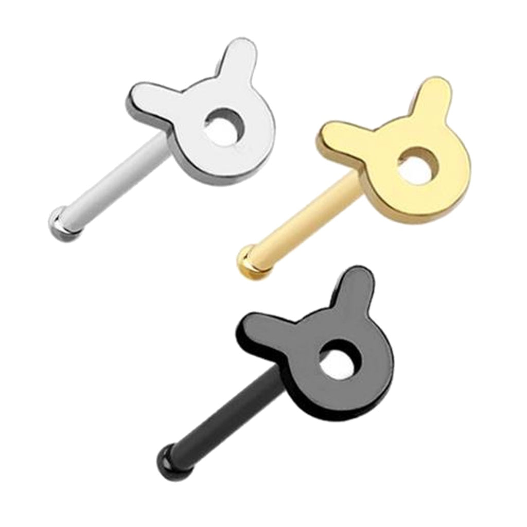 20 Gauge Taurus Zodiac Symbol Nose Bone Stud In Silver, Gold & Black 1/4 Inch