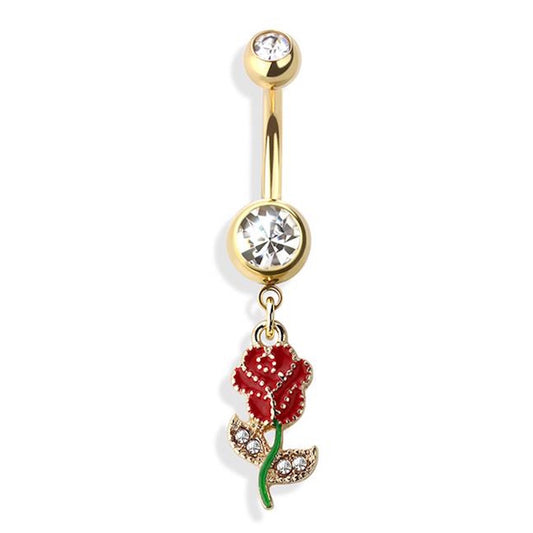 316L Surgical Steel Gold Plated Red Rose Dangle Belly Button Ring With Crystals