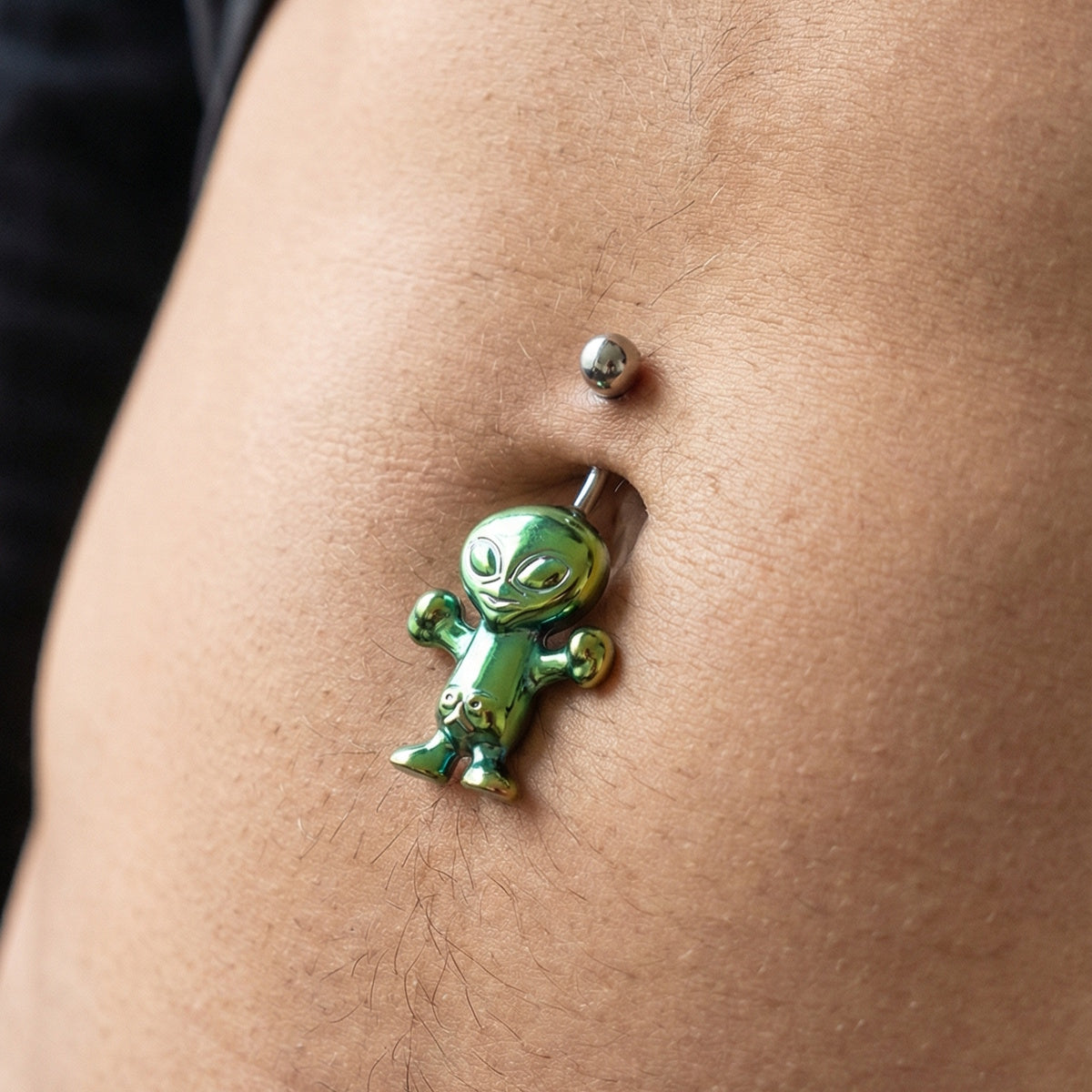 Alien Iridescent Holographic Belly Ring 14G 316L Surgical Steel on male model.