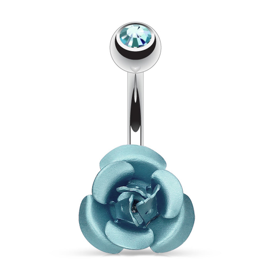 Aqua Rose Metal Flower Belly Ring 14G 316L Surgical Steel on a white background.