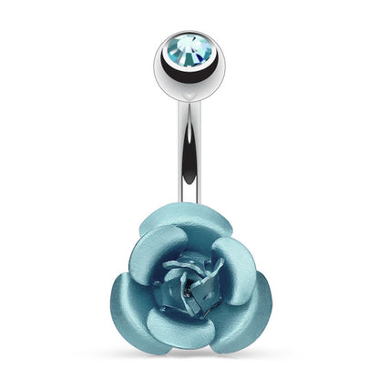 Aqua Rose Metal Flower Belly Ring 14G 316L Surgical Steel on a white background.