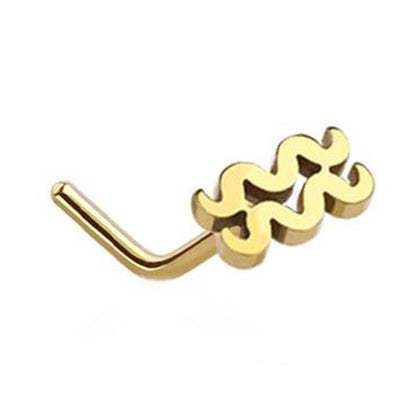 Aquarius Zodiac L Bend Nose Stud 20G 1/4" 316L Surgical Steel Gold L Bend Nose Ring on a white background.
