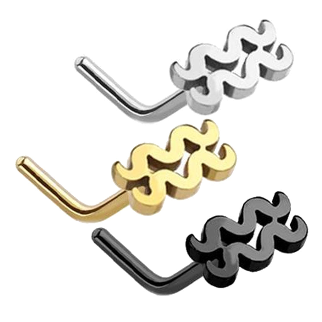 Aquarius Zodiac L Bend Nose Stud 20G 1/4" 316L Surgical Steel L Bend Nose Ring on a white background.