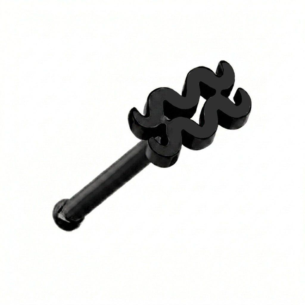 Aquarius Zodiac Nose Bone Stud 20G 1/4" Surgical Steel Nose Ring Black on a white background.