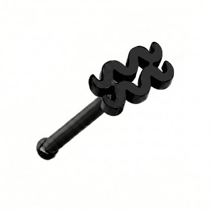 Aquarius Zodiac Nose Bone Stud 20G 1/4" Surgical Steel Nose Ring Black on a white background.