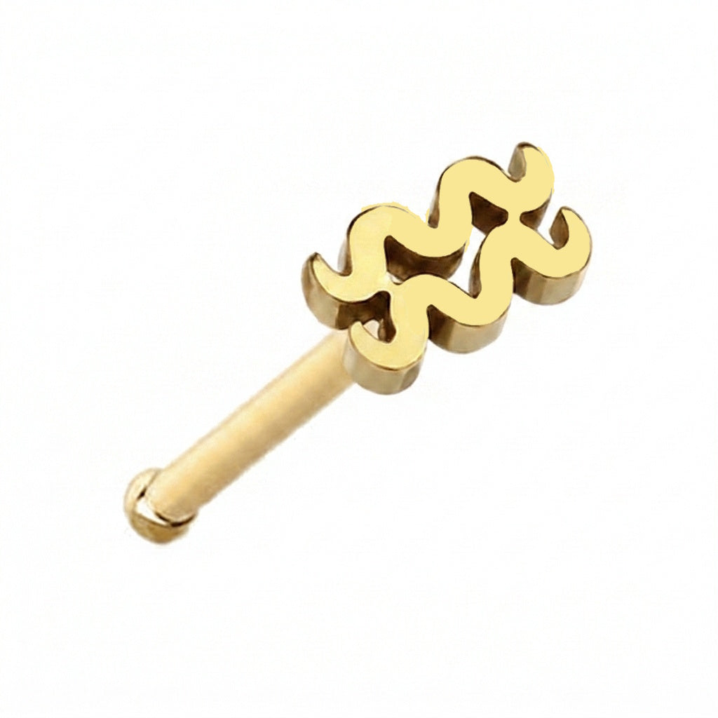 Aquarius Zodiac Nose Bone Stud 20G 1/4" Surgical Steel Nose Ring Gold on a white background.