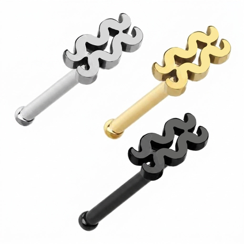 Aquarius Zodiac Nose Bone Stud 20G 1/4" Surgical Steel Nose Ring Silver, Gold, and Black on a white background.
