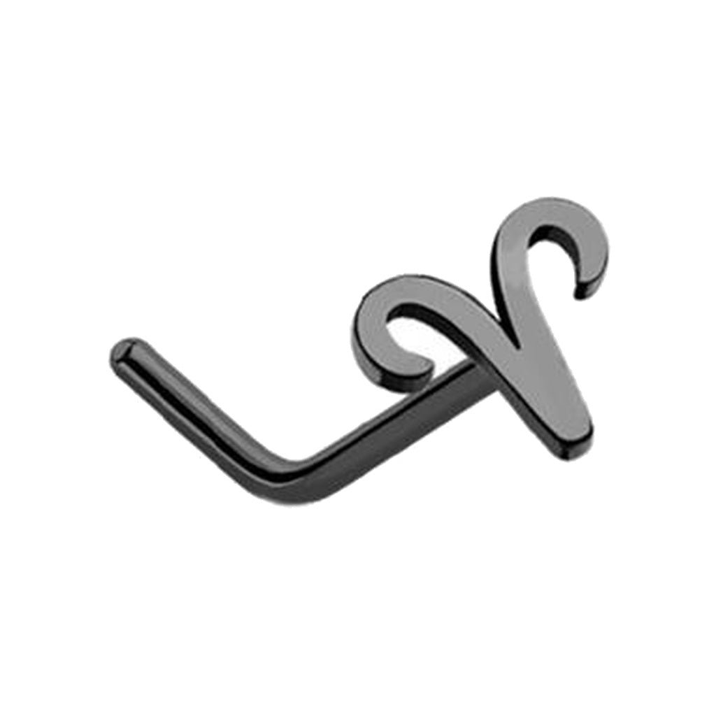 Aries Zodiac L Bend Nose Stud 20G 1/4" 316L Surgical Steel Nose Ring Black on white background.