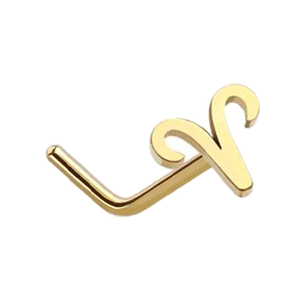 Aries Zodiac L Bend Nose Stud 20G 1/4" 316L Surgical Steel Nose Ring Gold on white background.