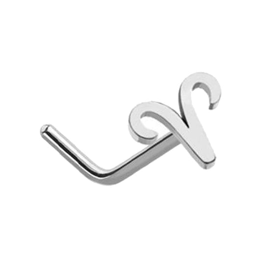 Aries Zodiac L Bend Nose Stud 20G 1/4" 316L Surgical Steel Nose Ring Silver on white background.