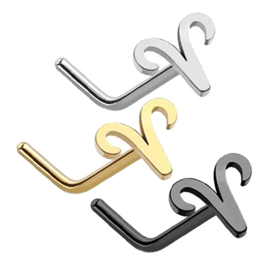 Aries Zodiac L Bend Nose Stud 20G 1/4" 316L Surgical Steel Nose Ring Silver Gold Black on white background.