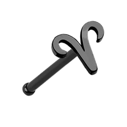 Aries Zodiac Nose Bone Stud 20G 1/4" Surgical Steel Nose Ring Black on a white background.