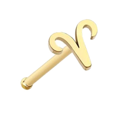 Aries Zodiac Nose Bone Stud 20G 1/4" Surgical Steel Nose Ring Gold on white background.