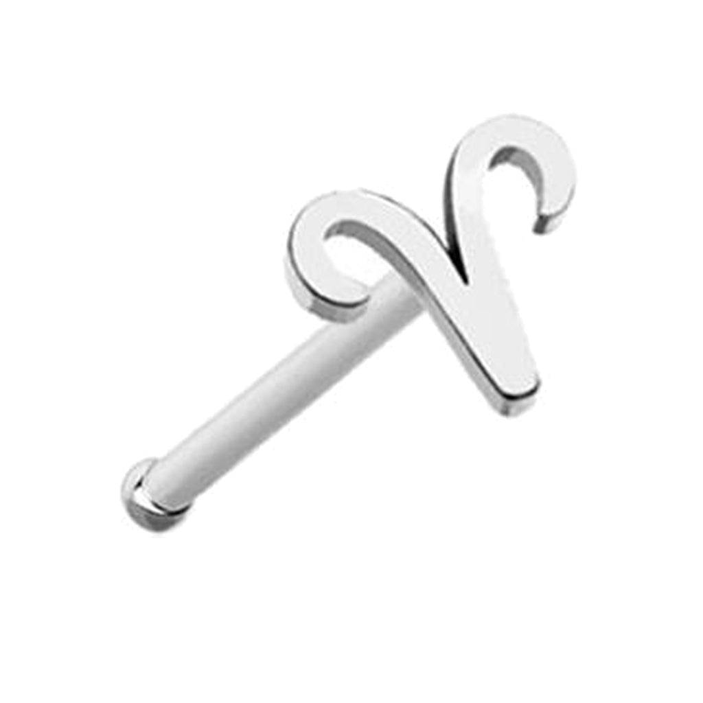 Aries Zodiac Nose Bone Stud 20G 1/4" Surgical Steel Nose Ring Silver on white background.