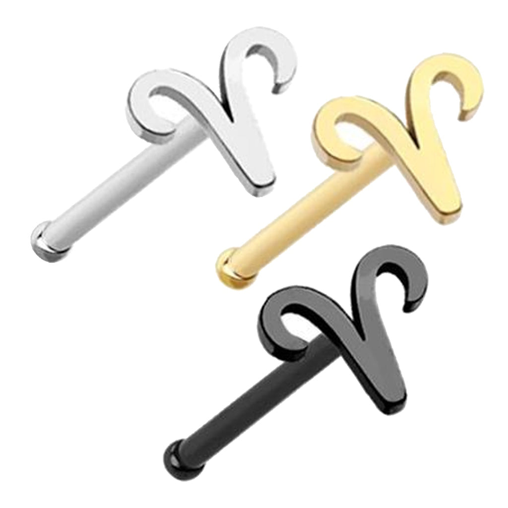 Aries Zodiac Nose Bone Stud 20G 1/4" Surgical Steel Nose Ring Silver Gold Black on white background.