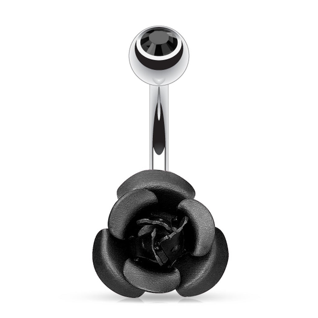 Black Rose Metal Flower Belly Ring 14G 316L Surgical Steel on a white background.