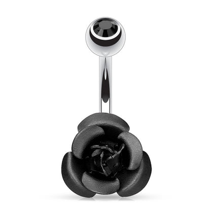 Black Rose Metal Flower Belly Ring 14G 316L Surgical Steel on a white background.