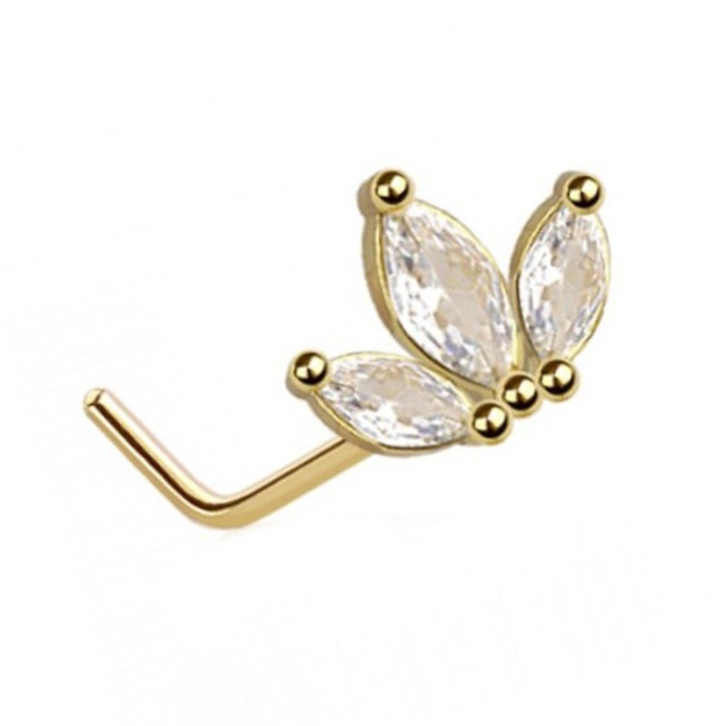 CZ Marquise Leaf Fan L Bend Nose Stud 20G 1/4" 316L Surgical Steel Nose Ring In Gold on a white background.