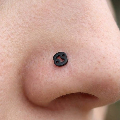 Cancer Zodiac L Bend Nose Stud 20G 1/4" 316L Surgical Steel Nose Ring in black on a model.