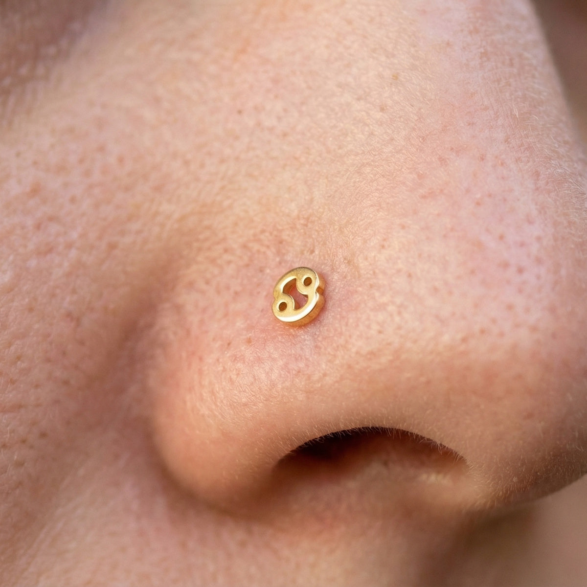 Cancer Zodiac L Bend Nose Stud 20G 1/4" 316L Surgical Steel Nose Ring in gold on a model.