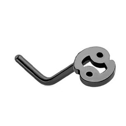 Cancer Zodiac L Bend Nose Stud 20G 1/4" 316L Surgical Steel Nose Ring in black on a white background.