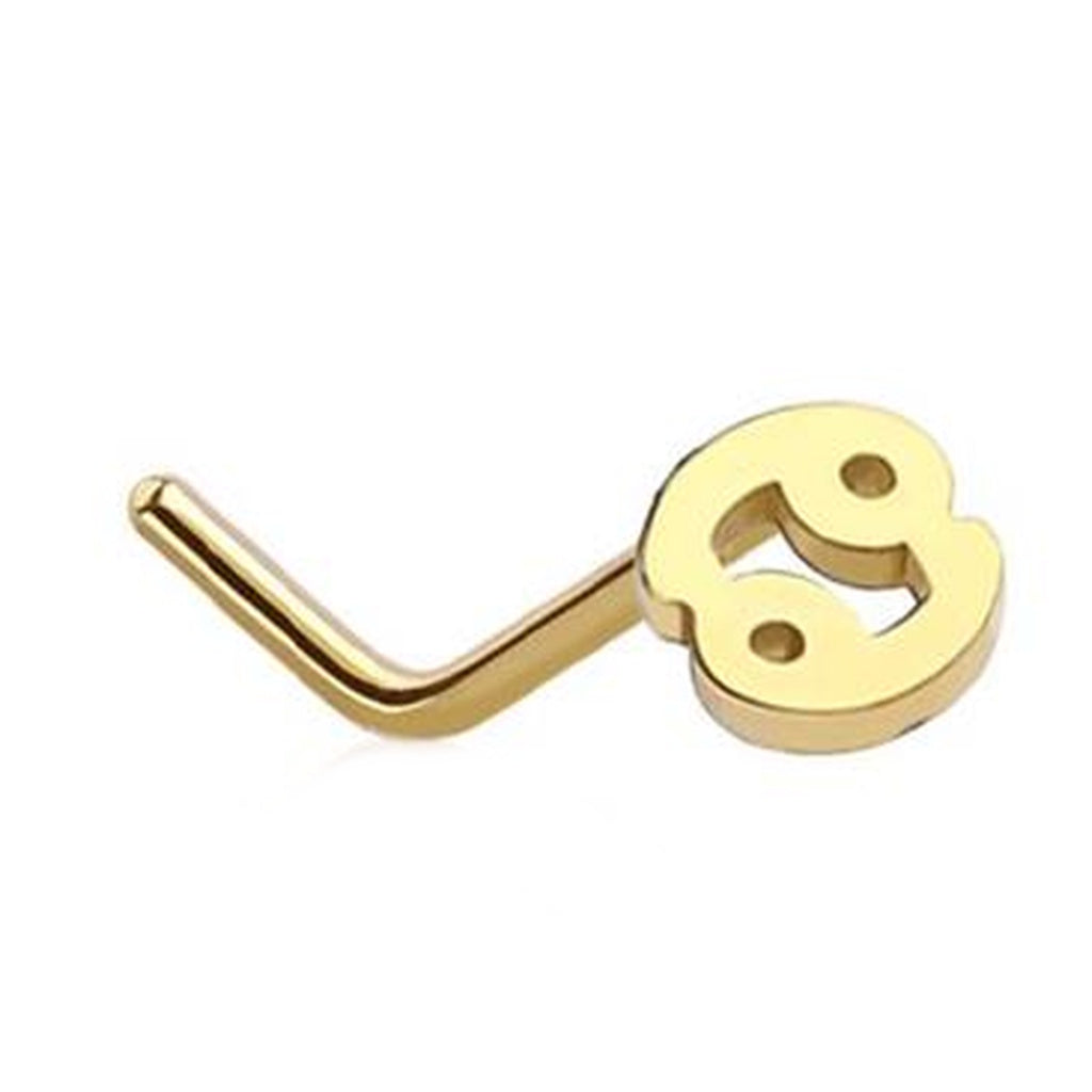 Cancer Zodiac L Bend Nose Stud 20G 1/4" 316L Surgical Steel Nose Ring in gold on a white background.