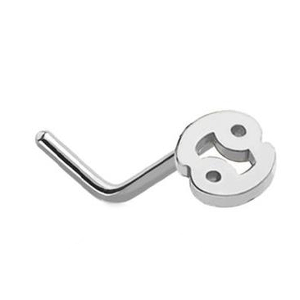Cancer Zodiac L Bend Nose Stud 20G 1/4" 316L Surgical Steel Nose Ring in silver on a white background.