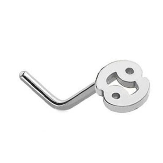 Cancer Zodiac L Bend Nose Stud 20G 1/4" 316L Surgical Steel Nose Ring in silver on a white background.