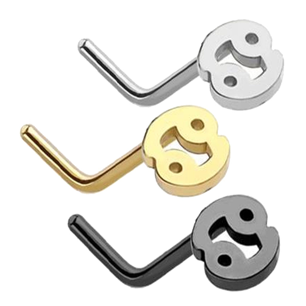 Cancer Zodiac L Bend Nose Stud 20G 1/4" 316L Surgical Steel Nose Ring in 3 colors on a white background.
