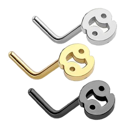 Cancer Zodiac L Bend Nose Stud 20G 1/4" 316L Surgical Steel Nose Ring in 3 colors on a white background.