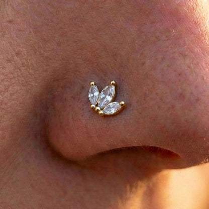 CZ Marquise Leaf Fan L Bend Nose Stud 20G 1/4" 316L Surgical Steel Nose Ring In Gold in the nostril of a person's nose.