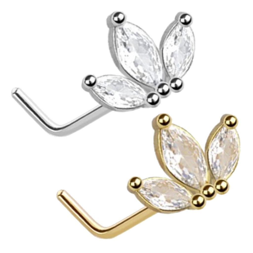 CZ Marquise Leaf Fan L Bend Nose Stud 20G 1/4" 316L Surgical Steel Nose Ring in Silver & gold on a white background.