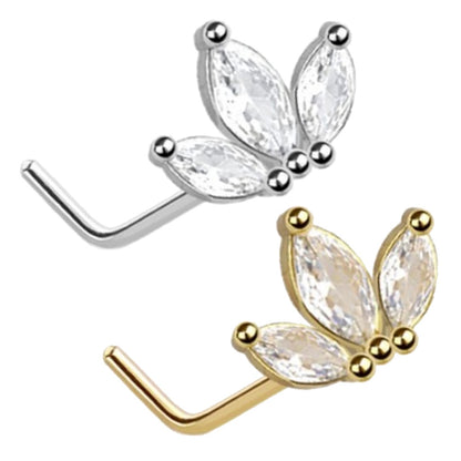 CZ Marquise Leaf Fan L Bend Nose Stud 20G 1/4" 316L Surgical Steel Nose Ring in Silver & gold on a white background.